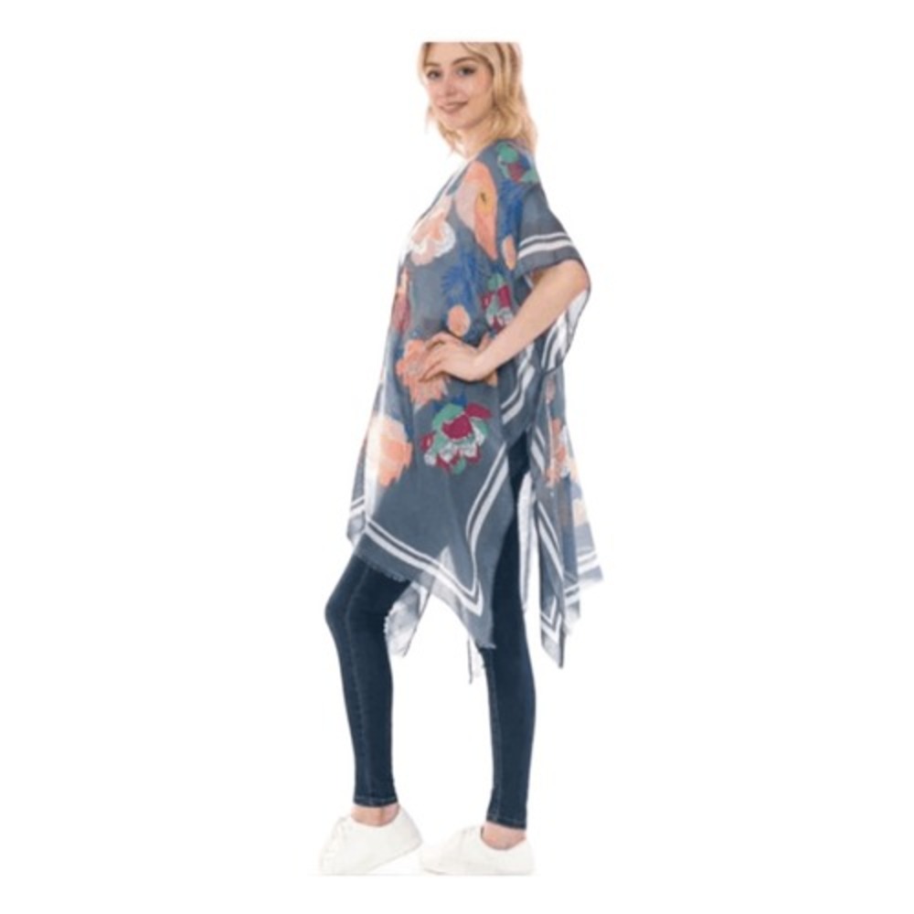 Woven Heart Floral Print Kimono Wrap Cover Up Blue Gold Metallic Open Front OS